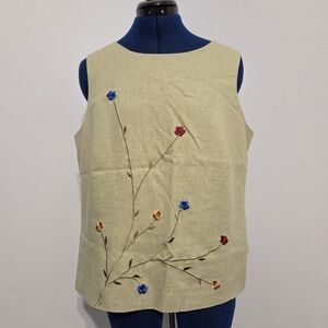 Vintage Green Embroidered Linen Tank Top Size 14